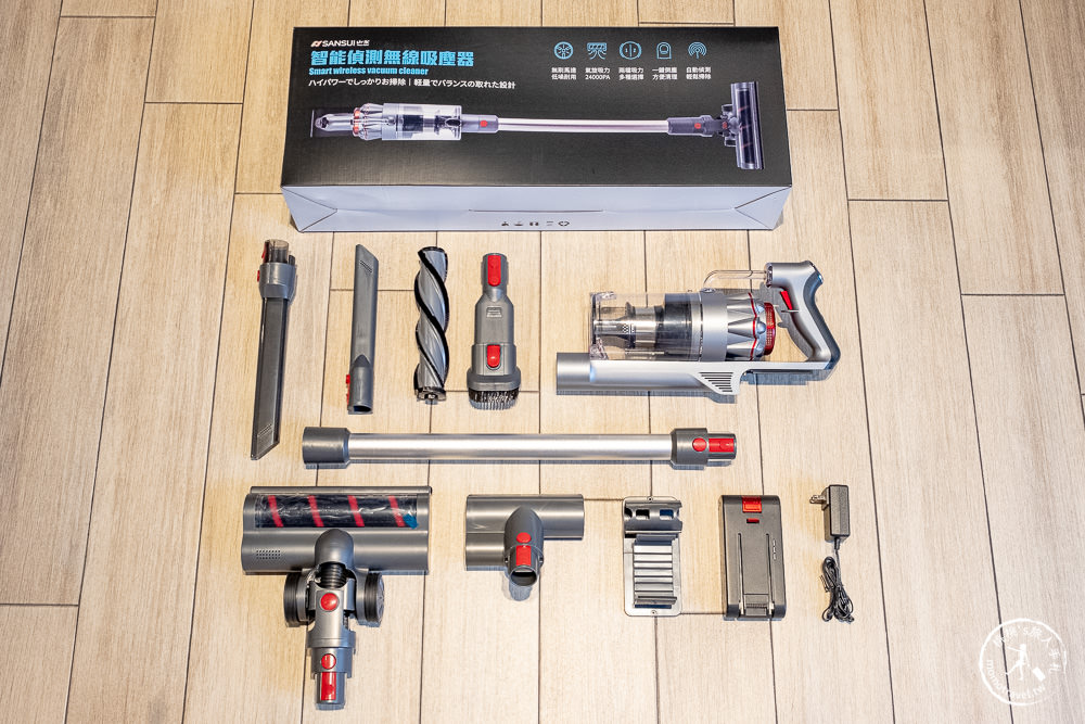 SANSUI山水．智能偵測濕拖無線吸塵器．電動濕拖吸頭．LED照明輔助．雙電池替換．輕鬆應付各種掃除需求
